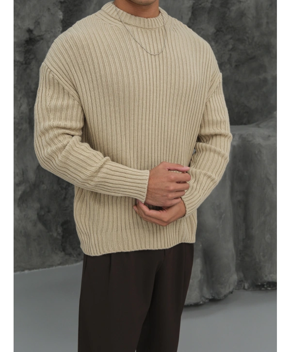 Erkek Ekru Triko Örme Kazak