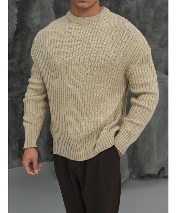 Erkek Ekru Triko Örme Kazak