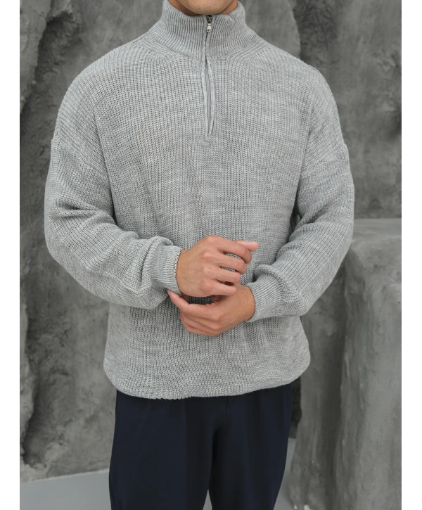 Erkek Gri Fermuar Yaka Kazak
