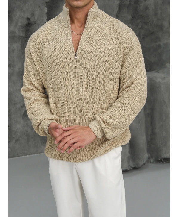 Erkek Bej Fermuar Yaka Kazak