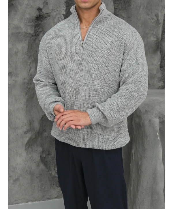 Erkek Gri Fermuar Yaka Kazak