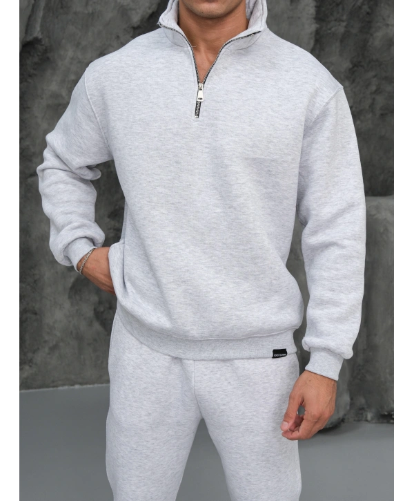 Erkek Gri Fermuar Yaka Sweatshirt