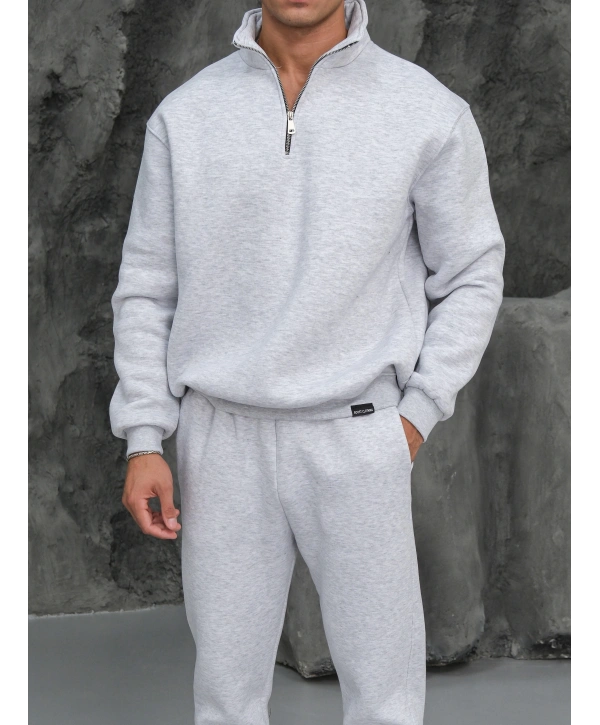 Erkek Gri Fermuar Yaka Sweatshirt