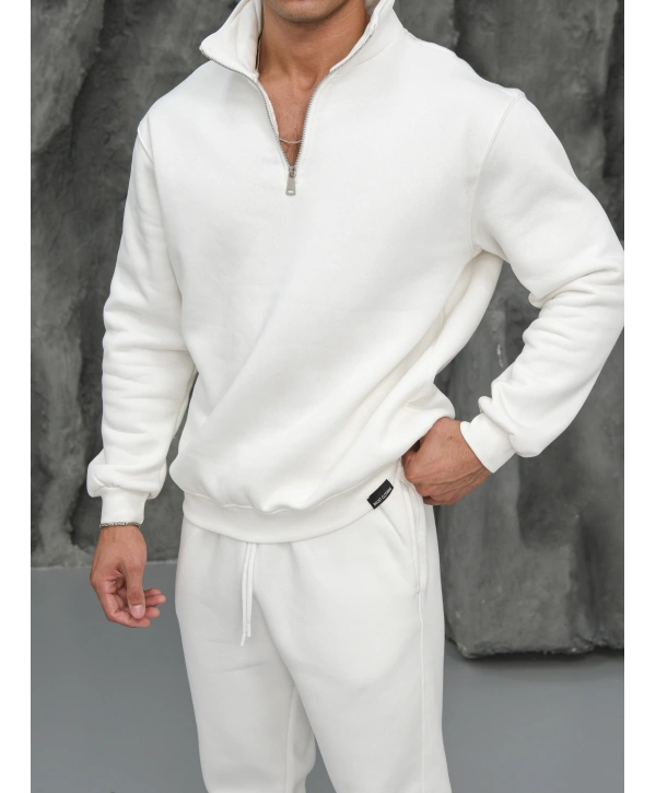 Erkek Beyaz Fermuar Yaka Sweatshirt