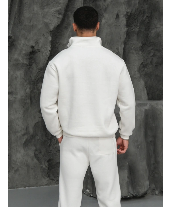 Erkek Beyaz Fermuar Yaka Sweatshirt