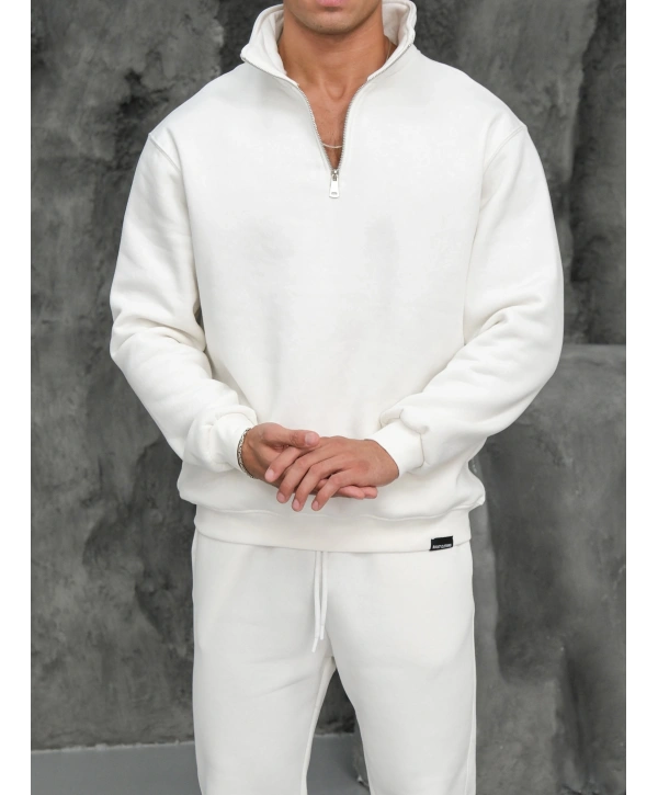 Erkek Beyaz Fermuar Yaka Sweatshirt