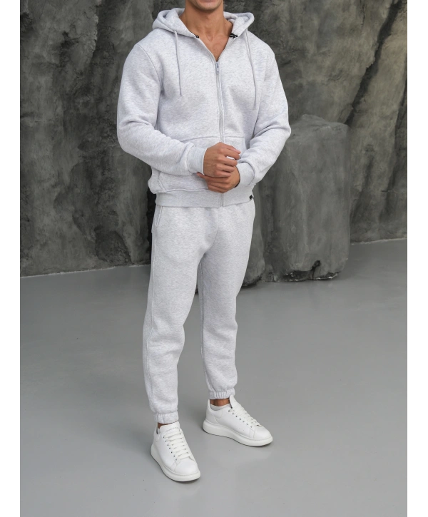 Erkek Gri Kapüşonlu Fermuarlı Jogger Eşofman Takımı