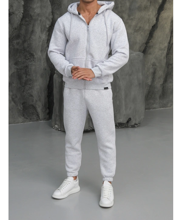 Erkek Gri Kapüşonlu Fermuarlı Jogger Eşofman Takımı