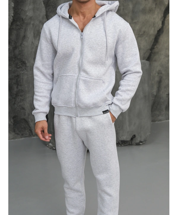 Erkek Gri Kapüşonlu Fermuarlı Jogger Eşofman Takımı