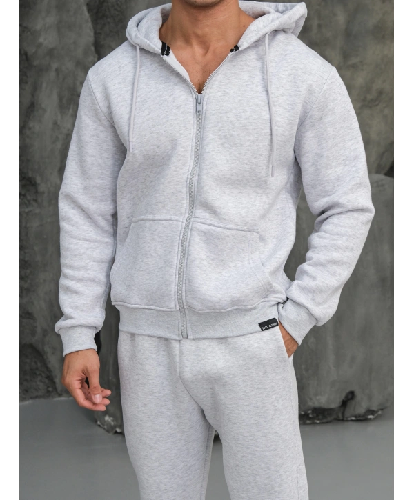 Erkek Gri Kapüşonlu Fermuarlı Sweatshirt