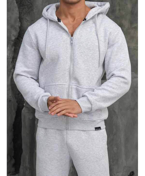 Erkek Gri Kapüşonlu Fermuarlı Sweatshirt