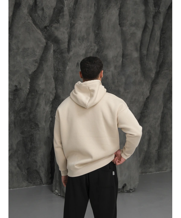 Erkek Bej Kapüşonlu Hoodie Sweatshirt