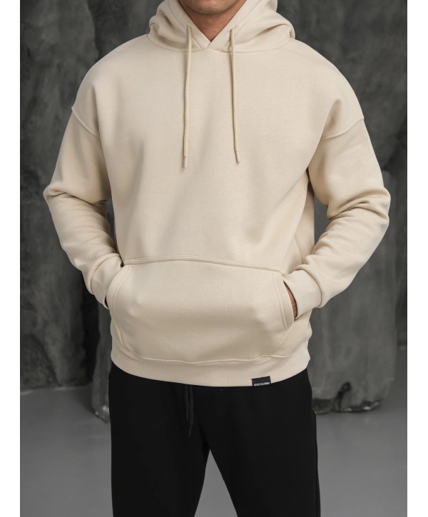 Erkek Bej Kapüşonlu Hoodie Sweatshirt