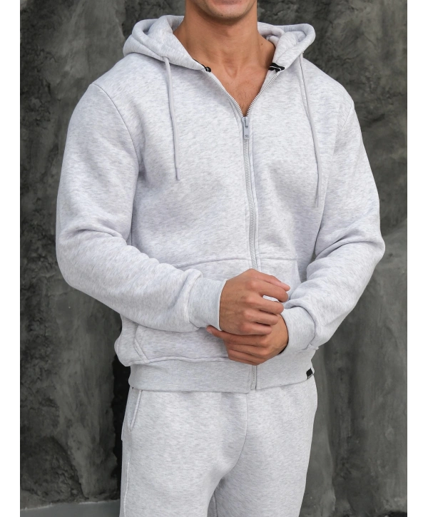 Erkek Gri Kapüşonlu Fermuarlı Sweatshirt