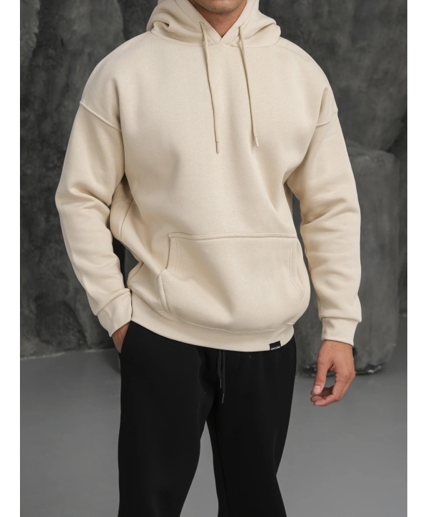 Erkek Bej Kapüşonlu Hoodie Sweatshirt
