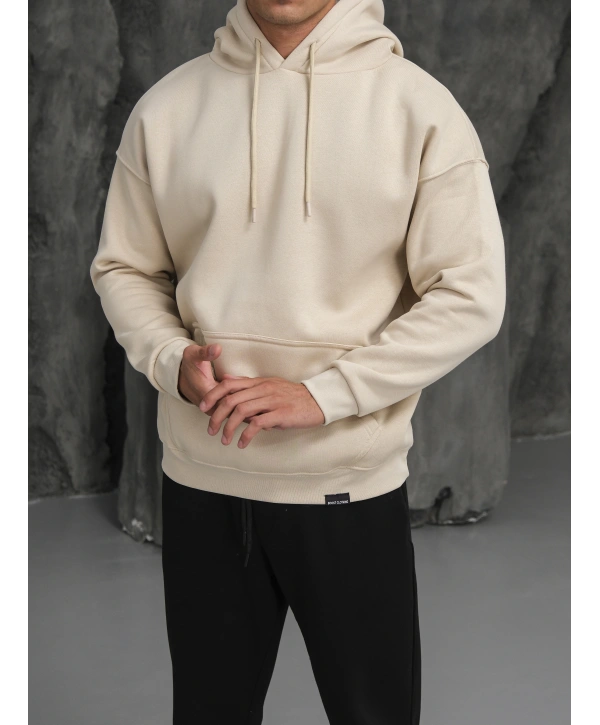Erkek Bej Kapüşonlu Hoodie Sweatshirt