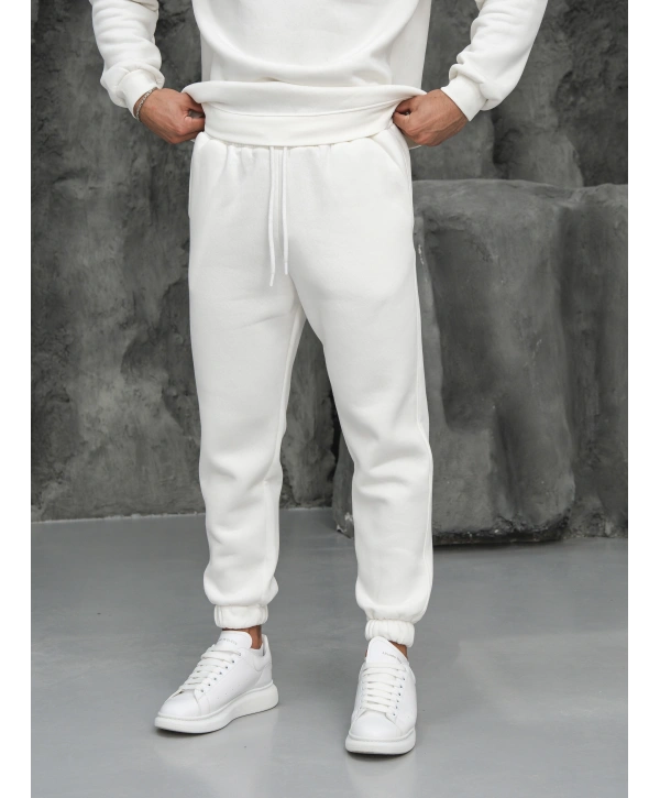 Erkek Beyaz Fermuar Yaka Jogger Eşofman Takımı
