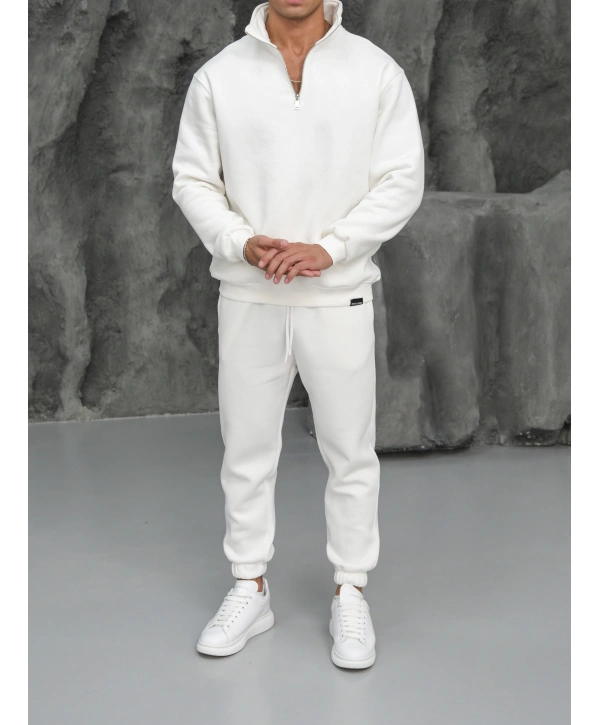 Erkek Beyaz Fermuar Yaka Jogger Eşofman Takımı