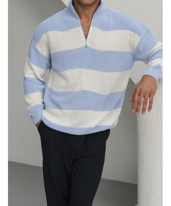 Erkek Bebe Triko Fermuar Yaka Çizgili Kazak