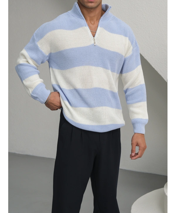 Erkek Bebe Triko Fermuar Yaka Çizgili Kazak