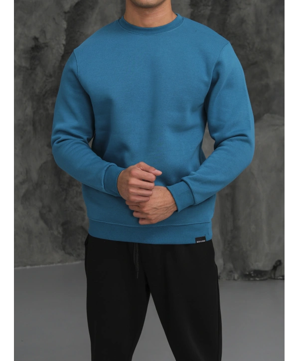 Erkek Petrol Oversize Kollar Dar Kesim Basic Sweatshirt