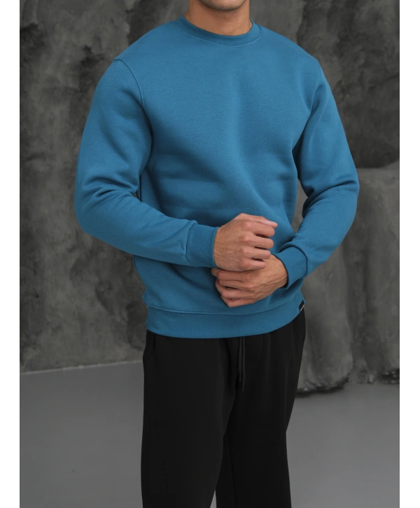Erkek Petrol Oversize Kollar Dar Kesim Basic Sweatshirt