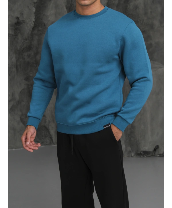 Erkek Petrol Oversize Kollar Dar Kesim Basic Sweatshirt
