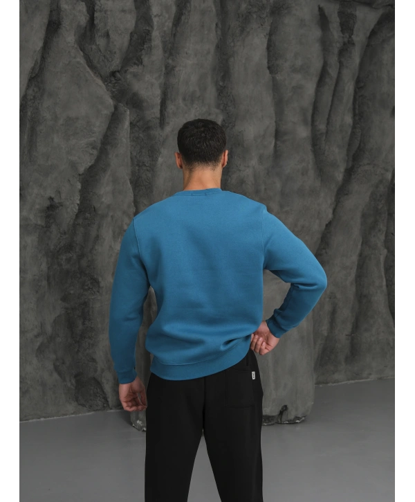 Erkek Petrol Oversize Kollar Dar Kesim Basic Sweatshirt