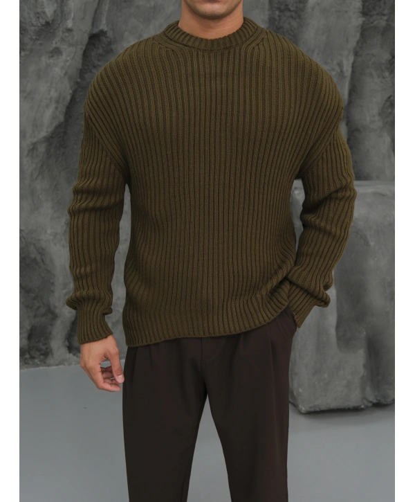 Erkek Haki Triko Örme Kazak