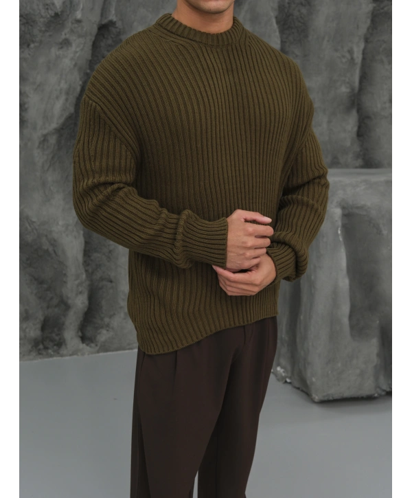 Erkek Haki Triko Örme Kazak