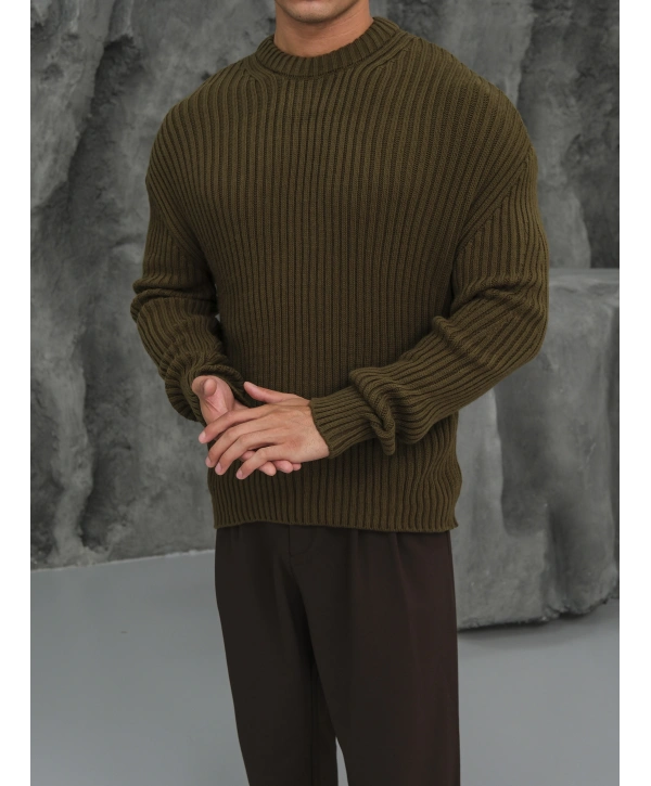 Erkek Haki Triko Örme Kazak