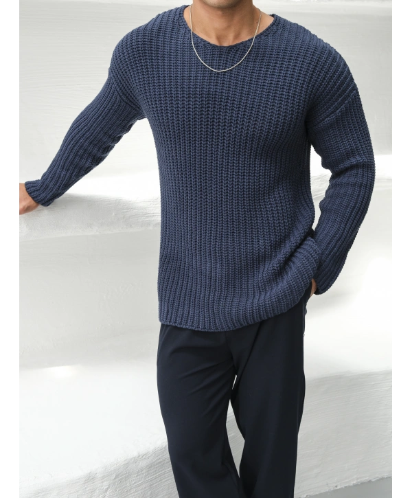 Kalın Örgü Oversize Triko Kazak İndigo