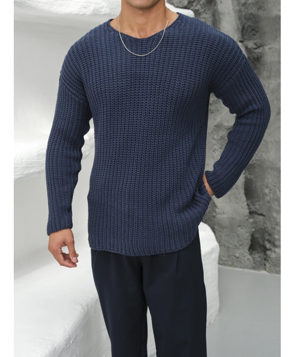 Kalın Örgü Oversize Triko Kazak İndigo