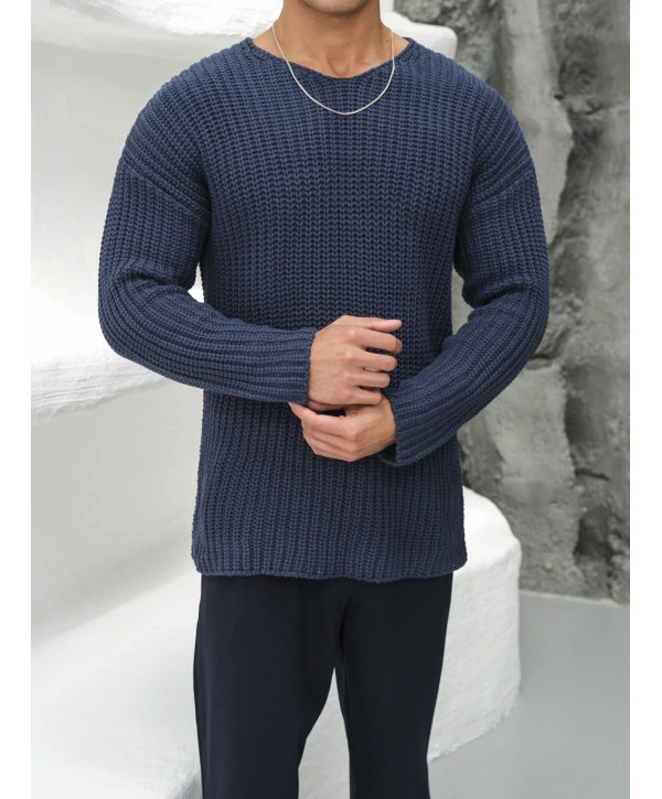 Kalın Örgü Oversize Triko Kazak İndigo