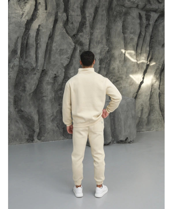 Erkek Bej Fermuar Yaka Jogger Eşofman Takımı