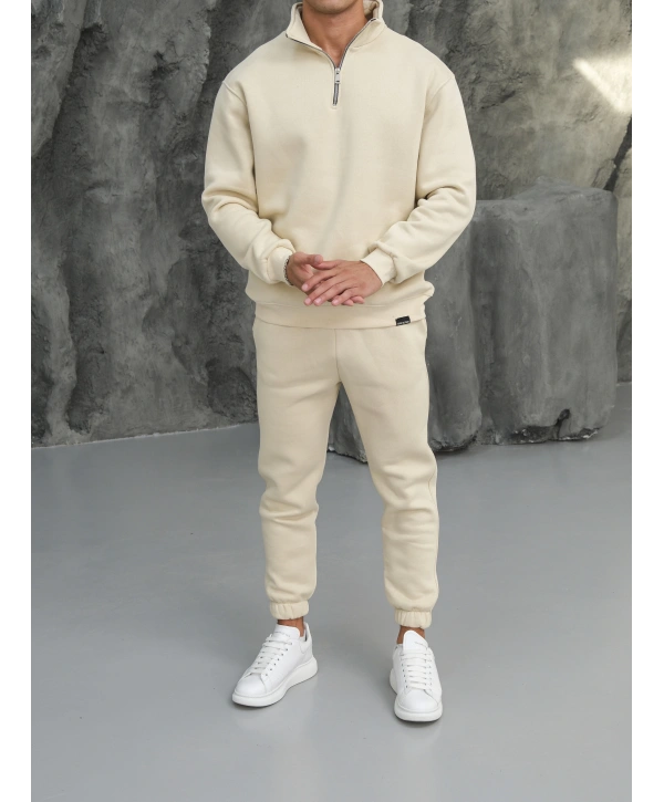 Erkek Bej Fermuar Yaka Jogger Eşofman Takımı