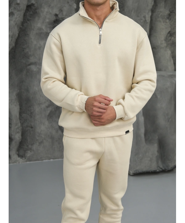 Erkek Bej Fermuar Yaka Jogger Eşofman Takımı