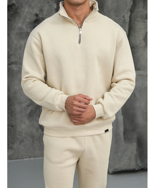 Erkek Bej Fermuar Yaka Sweatshirt