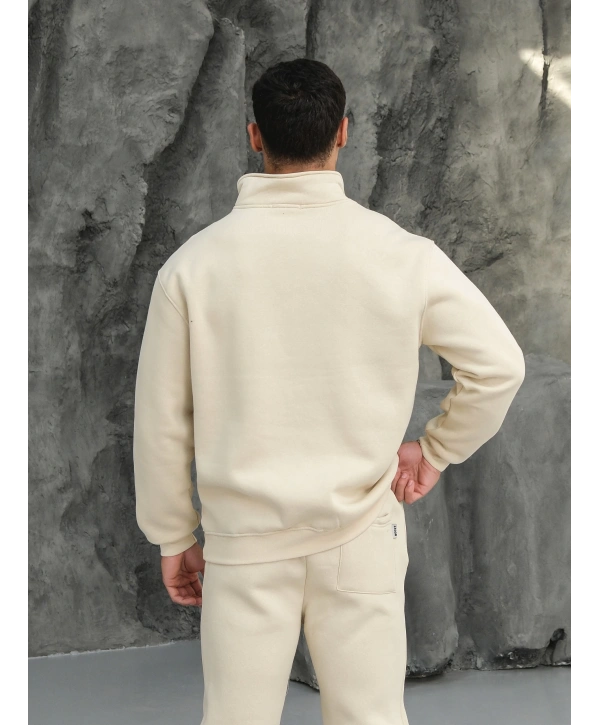 Erkek Bej Fermuar Yaka Sweatshirt