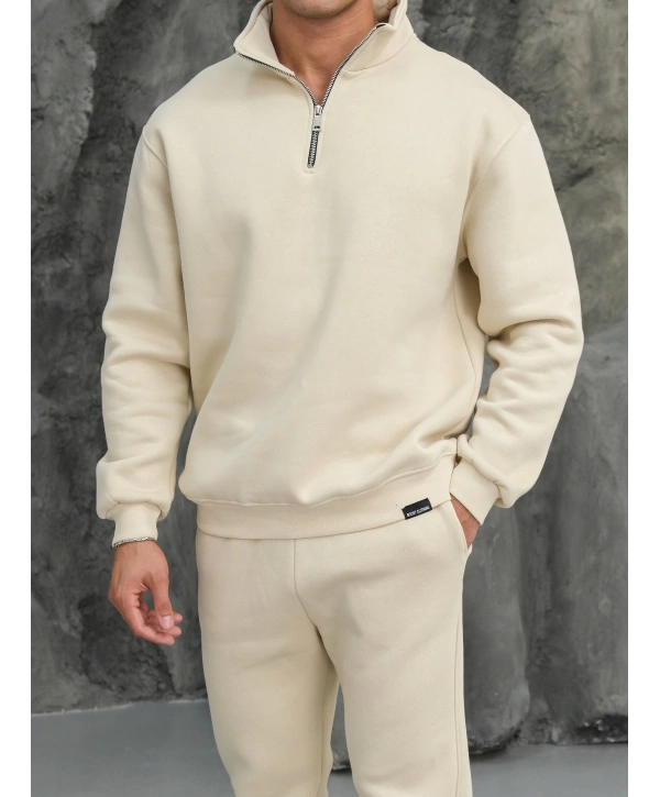 Erkek Bej Fermuar Yaka Sweatshirt