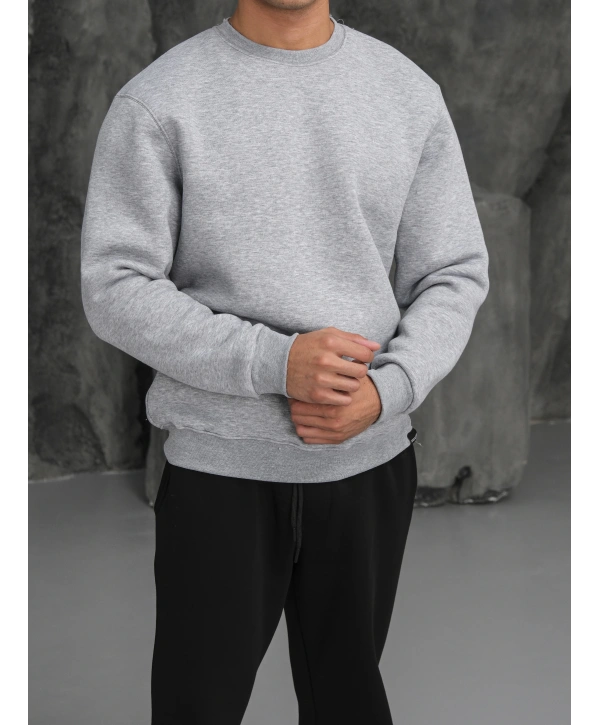 Erkek Gri Melanj Oversize Kollar Dar Kesim Basic Sweatshirt