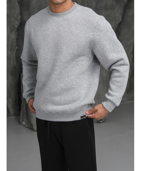 Erkek Gri Melanj Oversize Kollar Dar Kesim Basic Sweatshirt