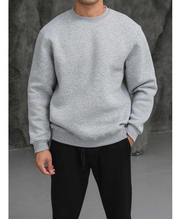 Erkek Gri Melanj Oversize Kollar Dar Kesim Basic Sweatshirt