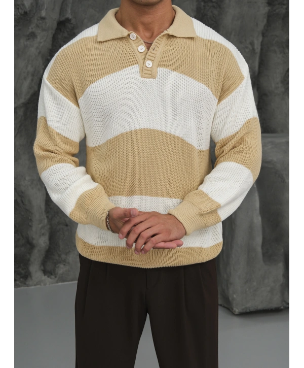Erkek Hardal Triko Polo Yaka Çizgili Kazak