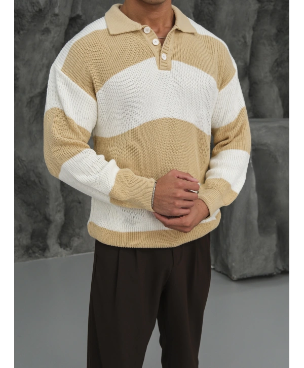 Erkek Hardal Triko Polo Yaka Çizgili Kazak