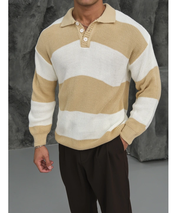 Erkek Hardal Triko Polo Yaka Çizgili Kazak