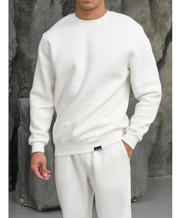 Erkek Beyaz Oversize Kollar Dar Kesim Basic Sweatshirt
