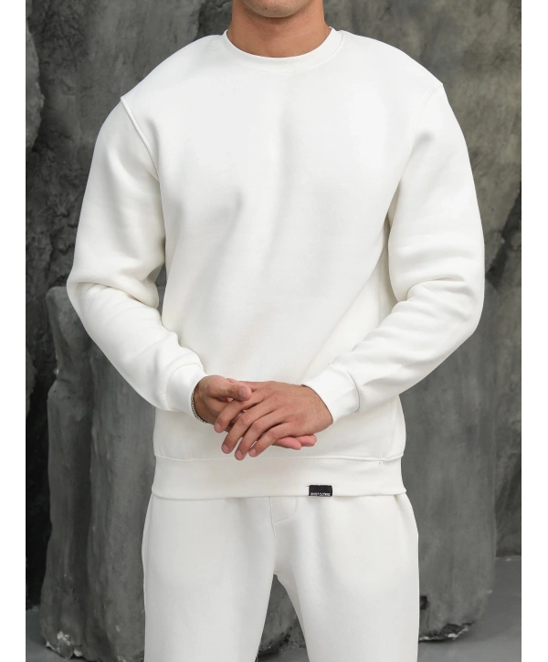 Erkek Beyaz Oversize Kollar Dar Kesim Basic Sweatshirt