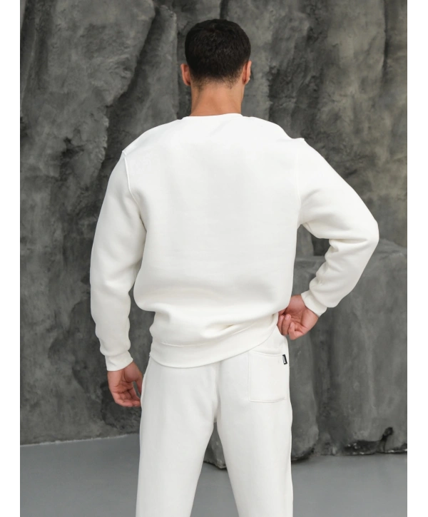 Erkek Beyaz Oversize Kollar Dar Kesim Basic Sweatshirt