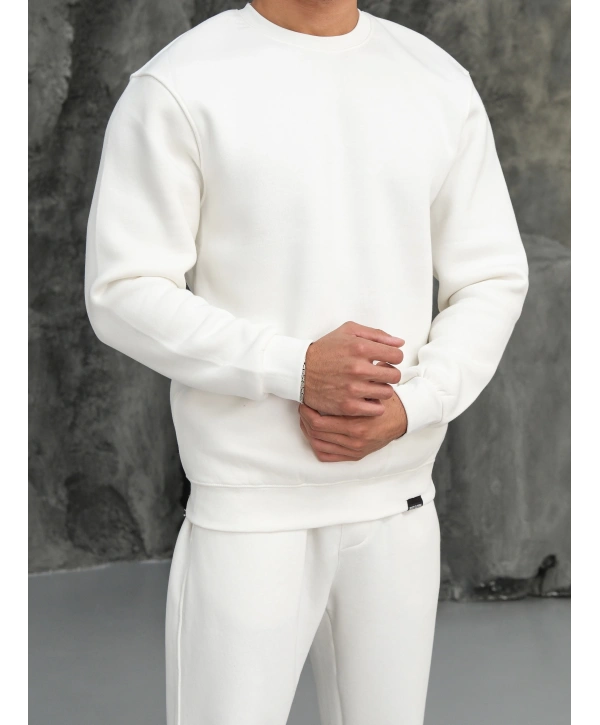Erkek Beyaz Oversize Kollar Dar Kesim Basic Sweatshirt
